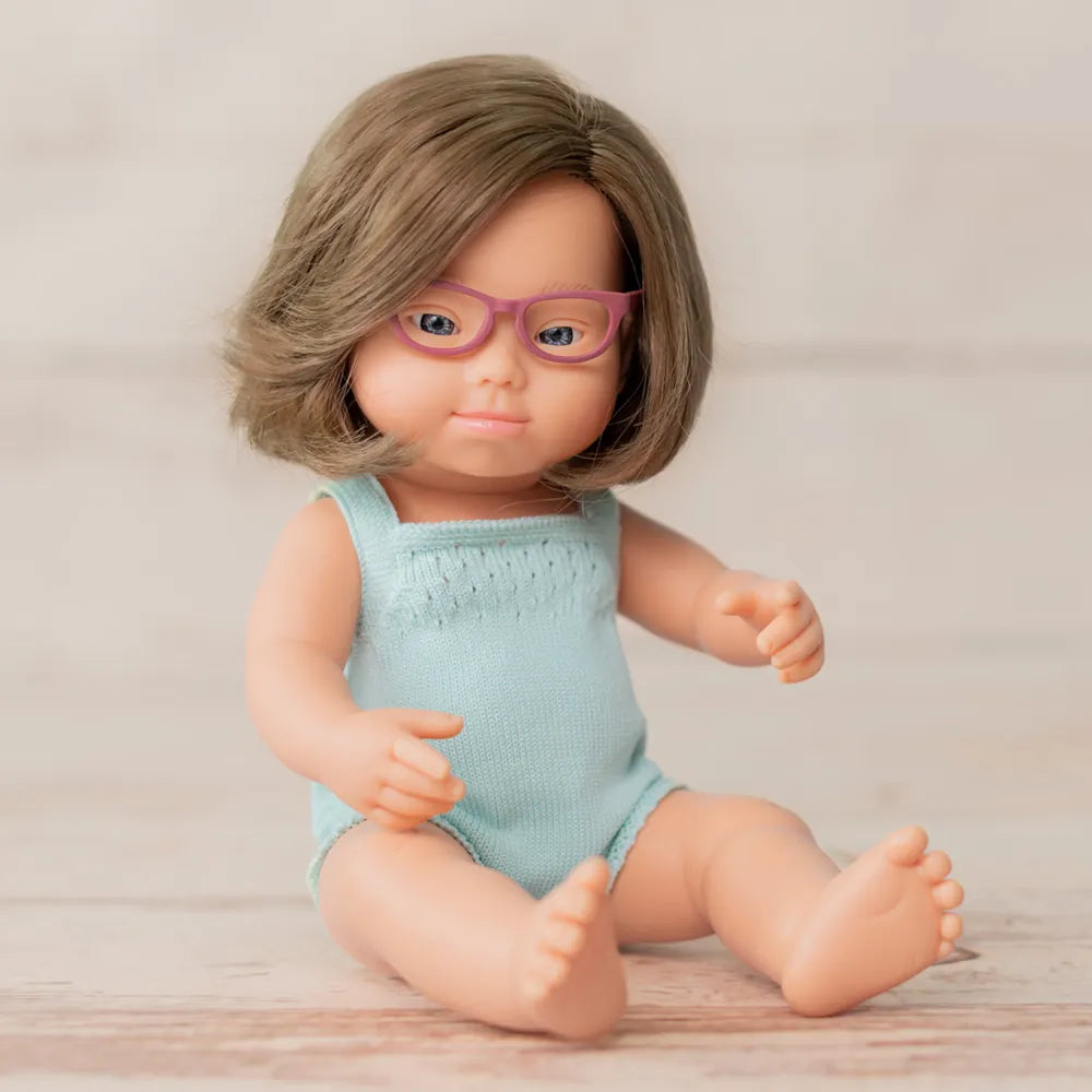 Baby Down Syndrome Caucasian Girl with Glasses - BOXED Miniland Lil Tulips