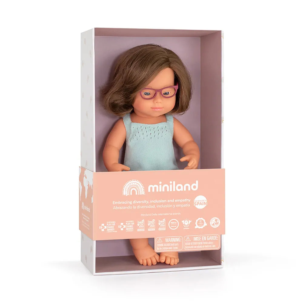 Baby Down Syndrome Caucasian Girl with Glasses - BOXED Miniland Lil Tulips