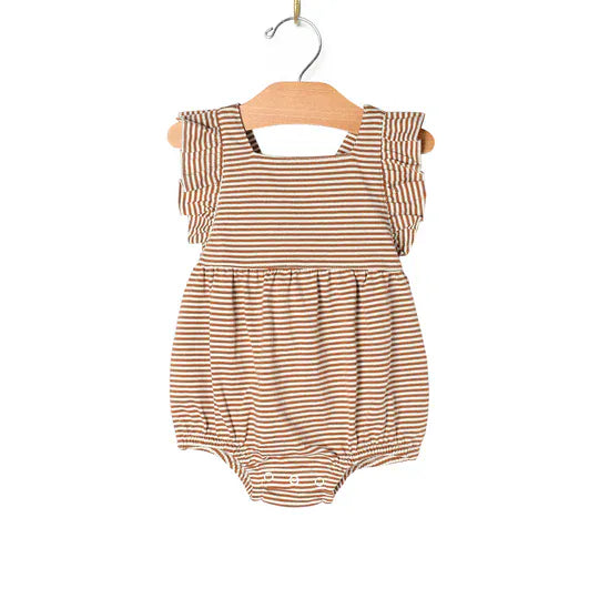 Baby Spring Overall Flutter Romper- Toffee Stripe City Mouse Studio Lil Tulips