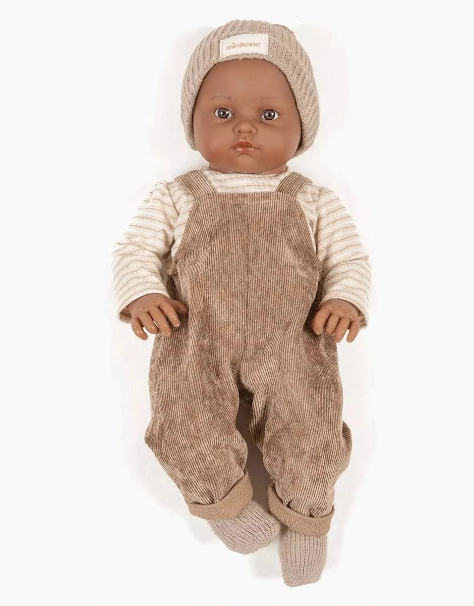 Bambinis Doll Augustin with chestnut milleraies overalls and hat Minikane Lil Tulips