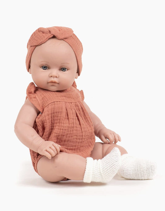 Bambinis Doll Yaëlle dressed in her Olivia romper Minikane Lil Tulips