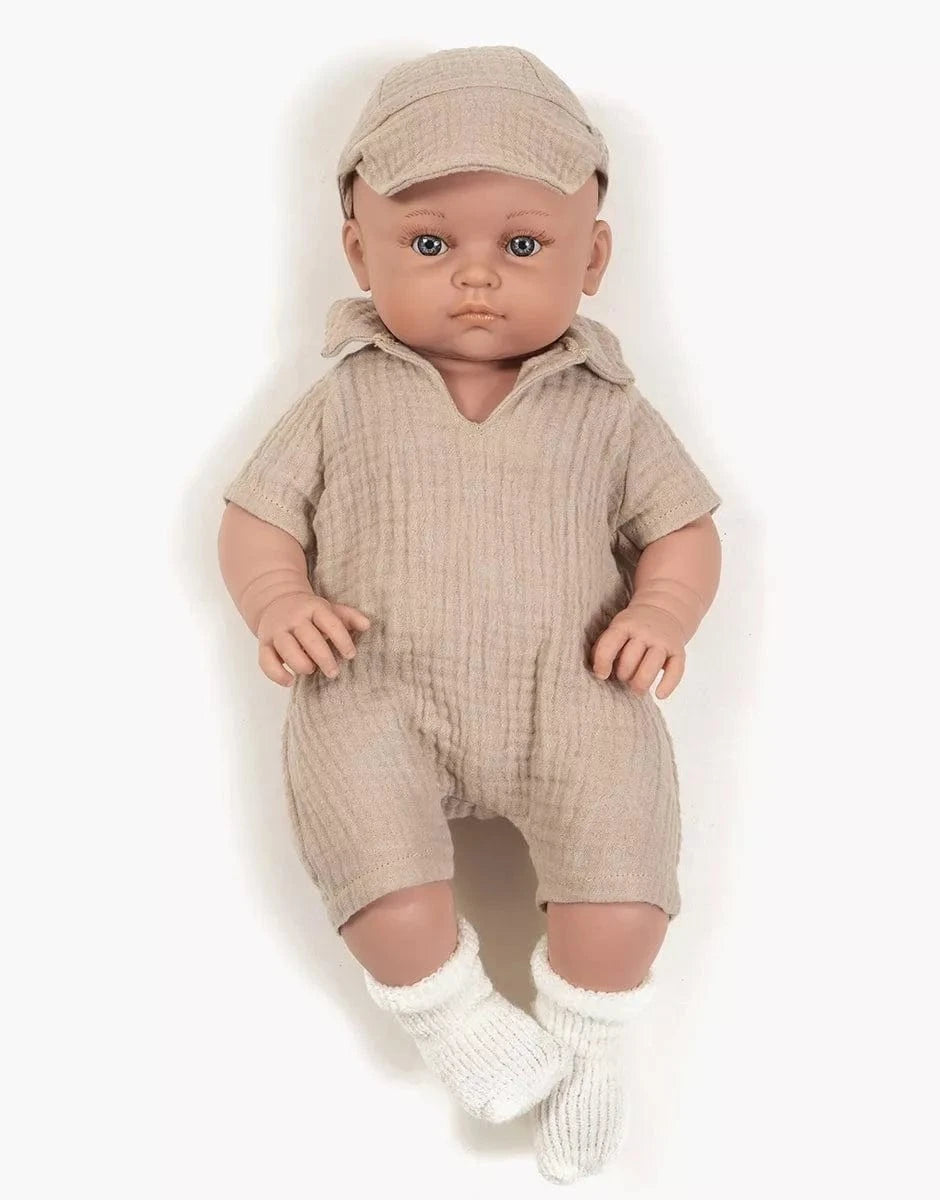 Bambinis Doll Yann Tom jumpsuit and beige double gauze cap Minikane Lil Tulips