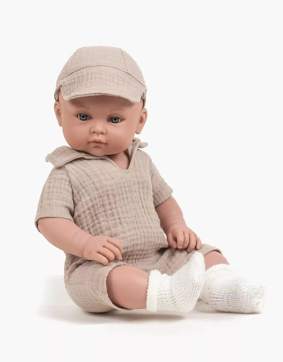 Bambinis Doll Yann Tom jumpsuit and beige double gauze cap Minikane Lil Tulips