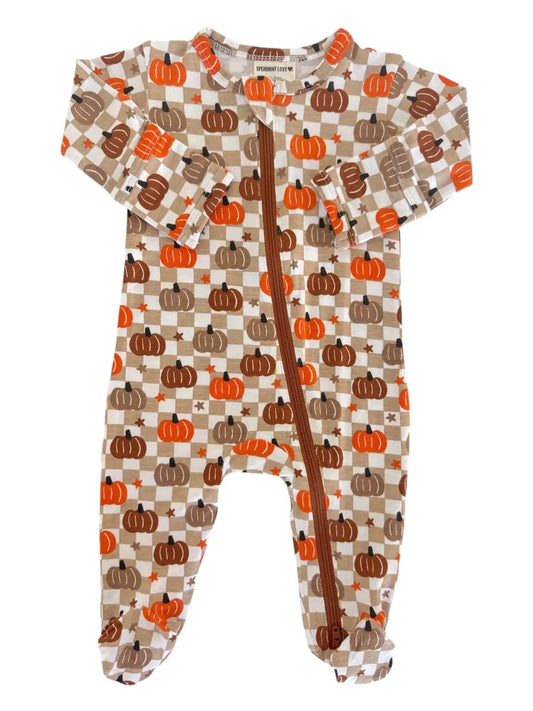 Bamboo2-Way Zip Footie - Pumpkin Checkerboard SpearmintLOVE Lil Tulips