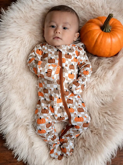 Bamboo2-Way Zip Footie - Pumpkin Checkerboard SpearmintLOVE Lil Tulips
