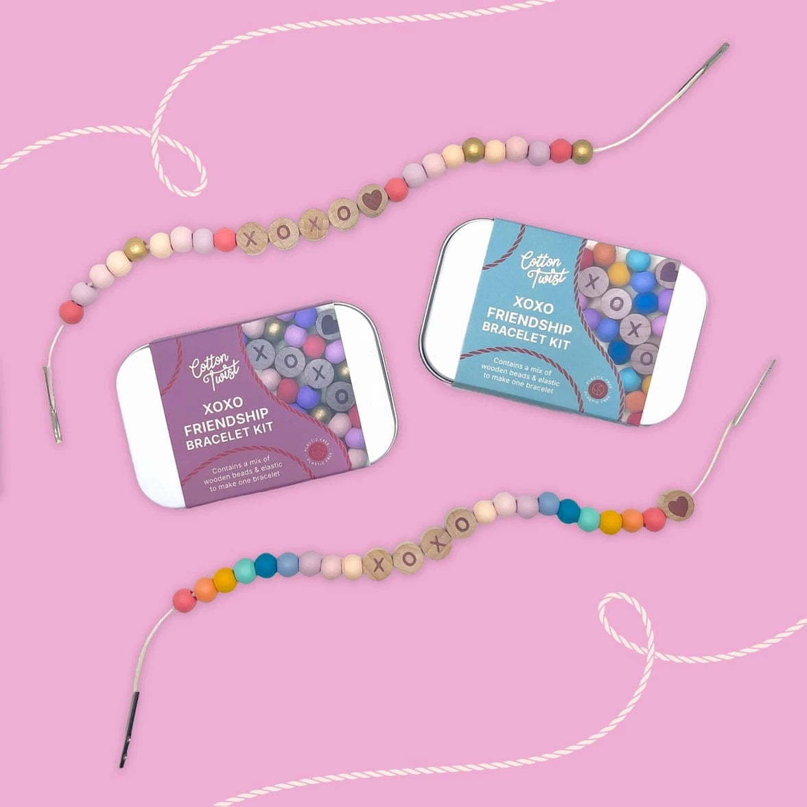 Beaded Friendship Bracelet - XOXO - Pink Cotton Twist Lil Tulips
