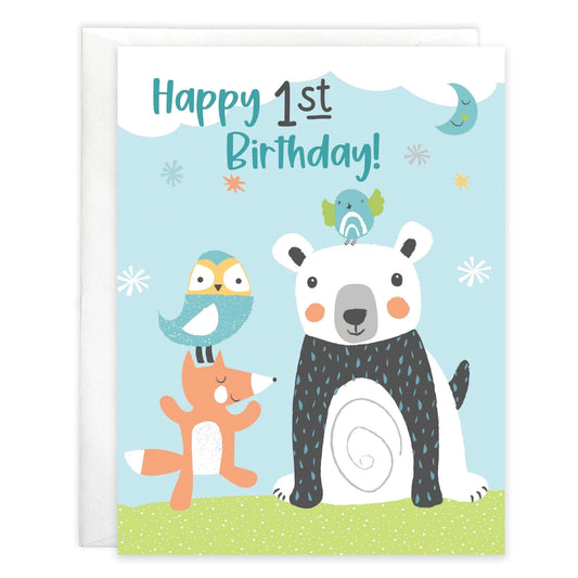 Birthday Greeting Card - 1st Birthday Forest Animals Gina B Designs Lil Tulips