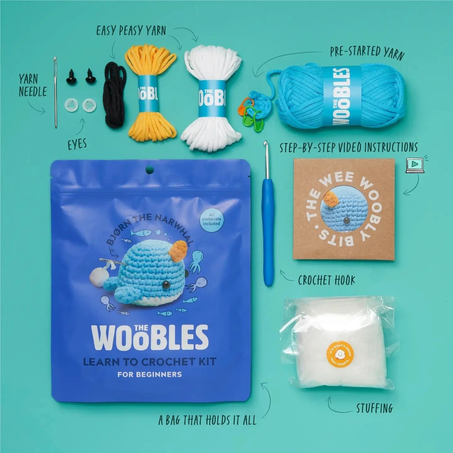 Bjorn the Narwhal Beginner Crochet Kit The Woobles Lil Tulips