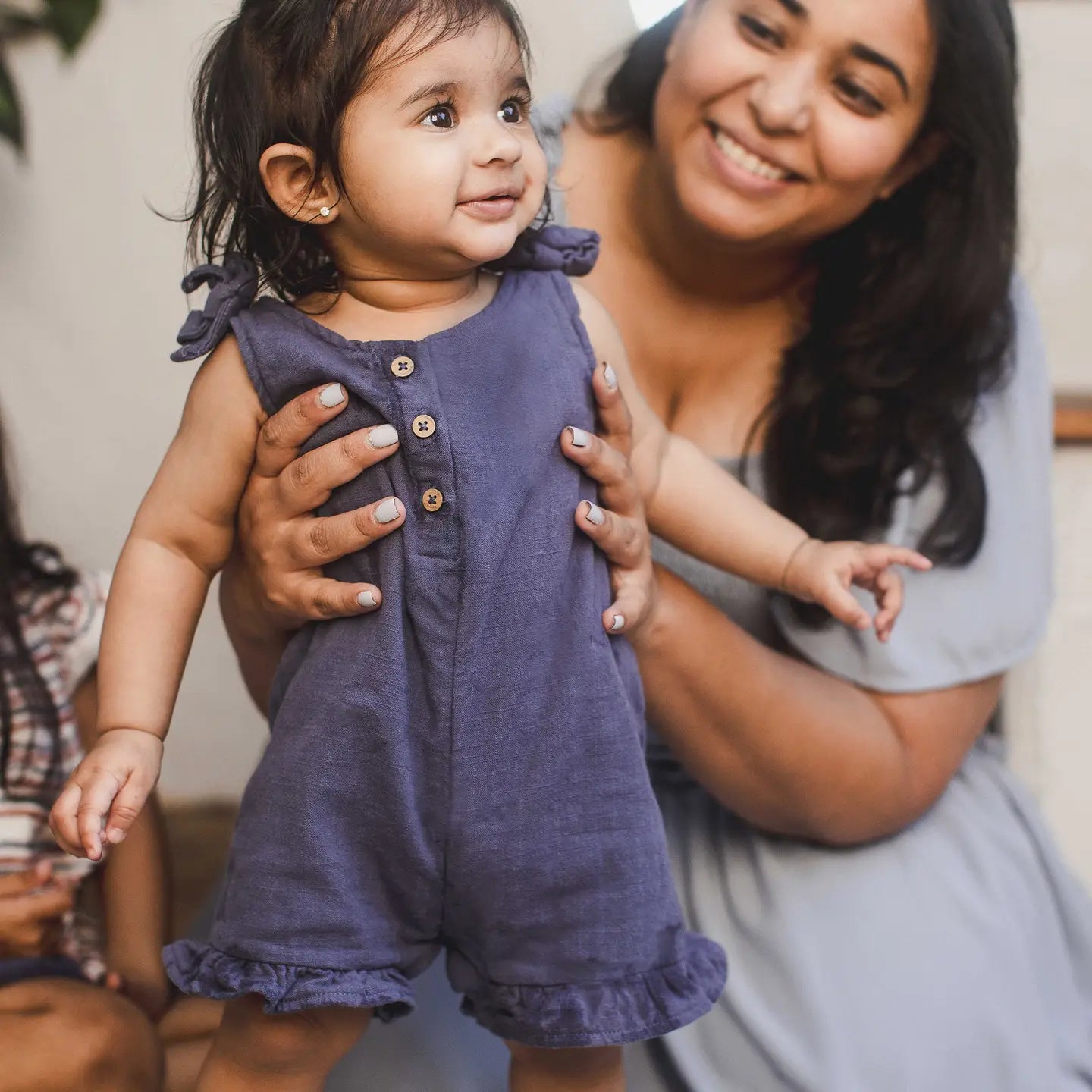 Check Gauze Blue Girl Romper - Blue Smoke Burt's Bees Baby Lil Tulips