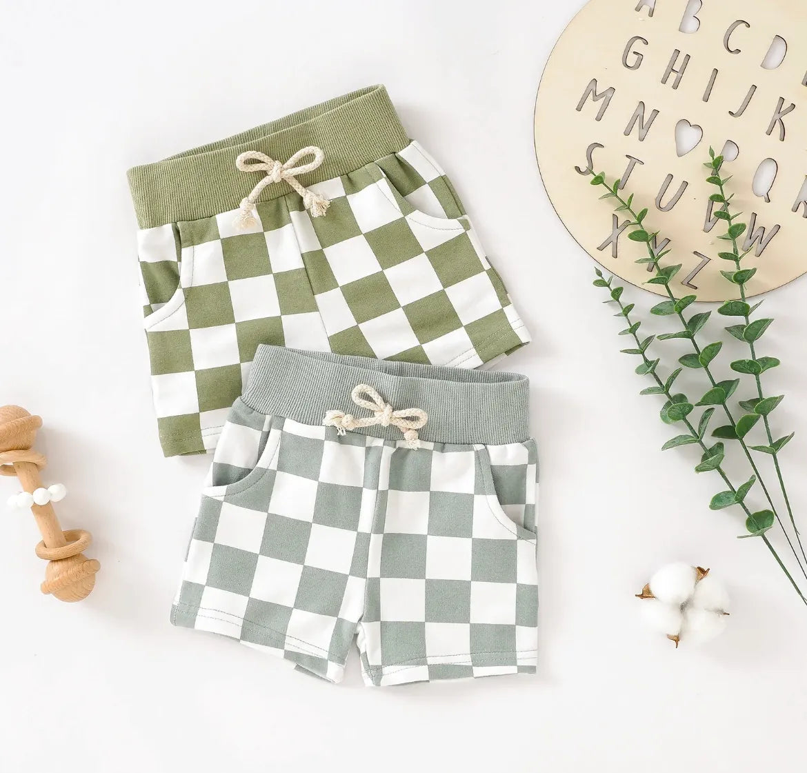 Checkerboard Shorties - Green Boho + Babe Lil Tulips
