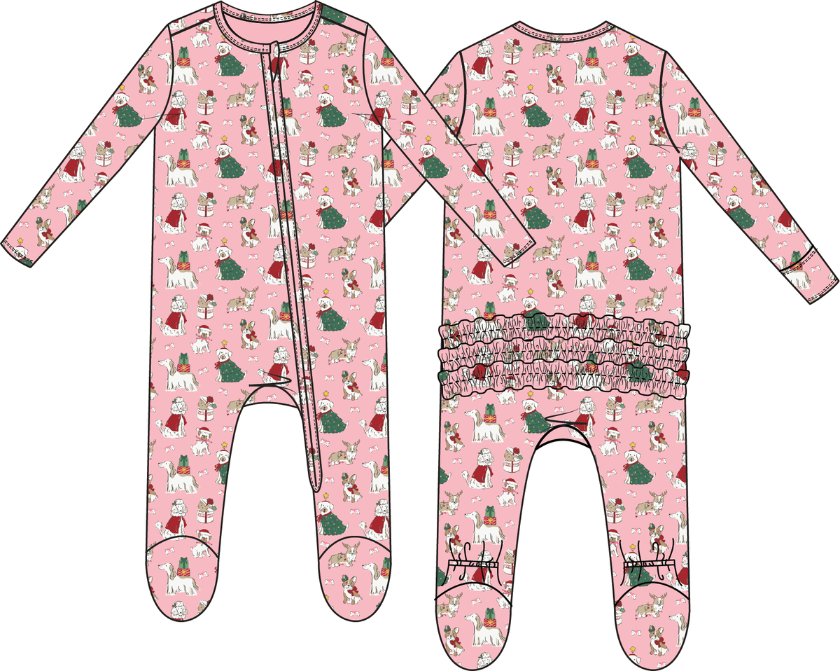 Christmas Dogs Pink - 2 Way Ruffle Back Zipper Footie Angel Dear Lil Tulips