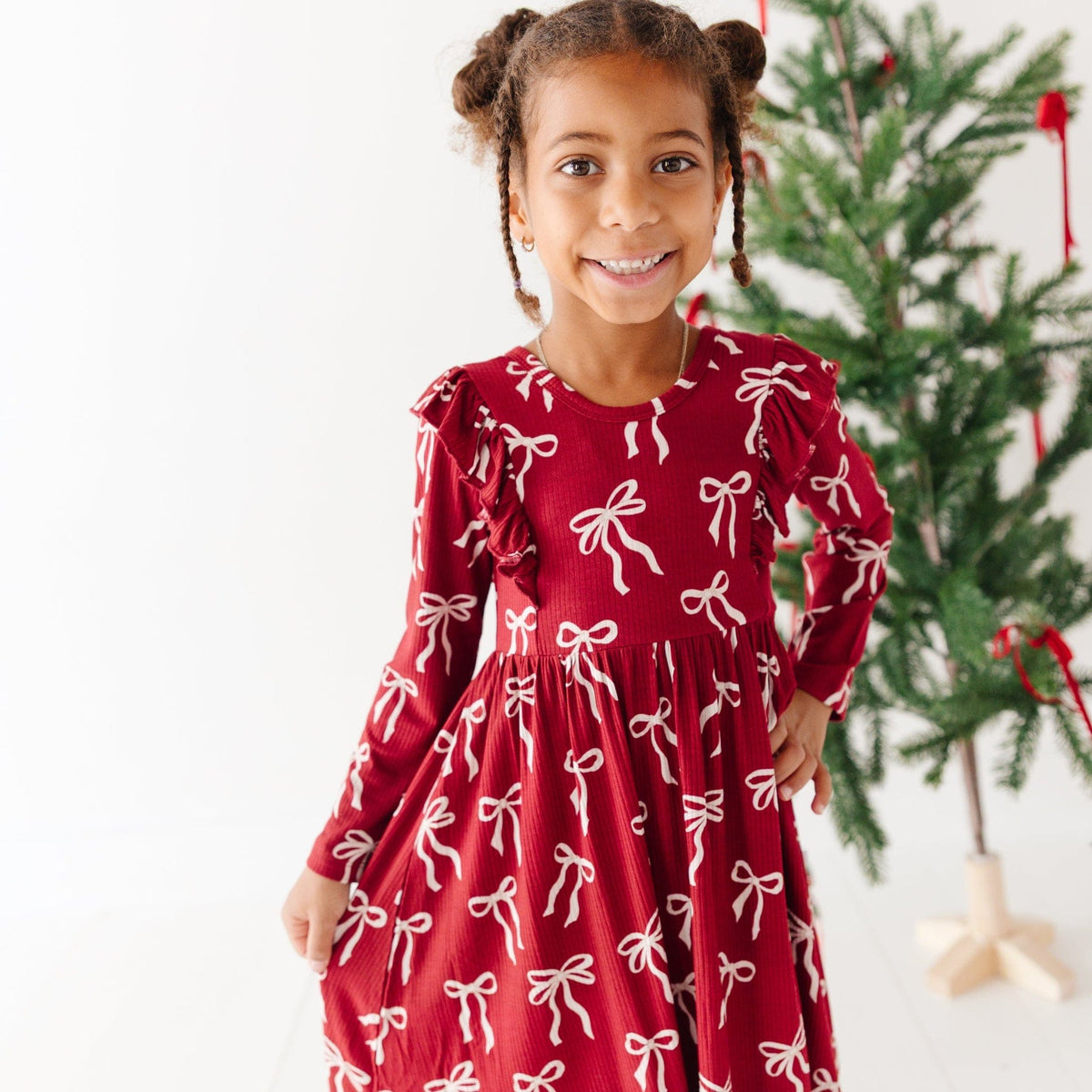 Coquette Bows Red Small Ribbed Ruffle Long Sleeve Dress Brave Little Ones Lil Tulips