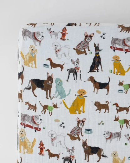 Cotton Muslin Crib Sheet - Woof Little Unicorn Lil Tulips