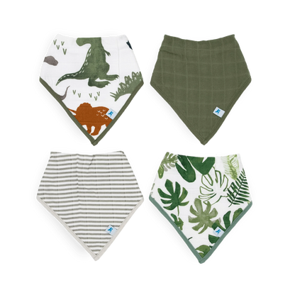 Cotton Muslin + Fleece Bandana Bib 4 Pack - Dino Friends Little Unicorn Lil Tulips