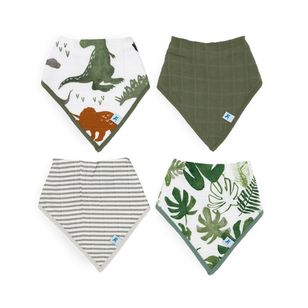 Cotton Muslin + Fleece Bandana Bib 4 Pack - Dino Friends Little Unicorn Lil Tulips