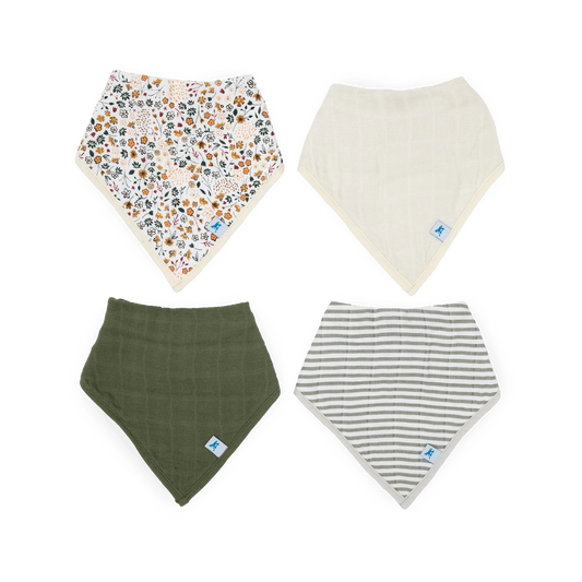 Cotton Muslin + Fleece Bandana Bib 4 Pack - Pressed Petals Little Unicorn Lil Tulips