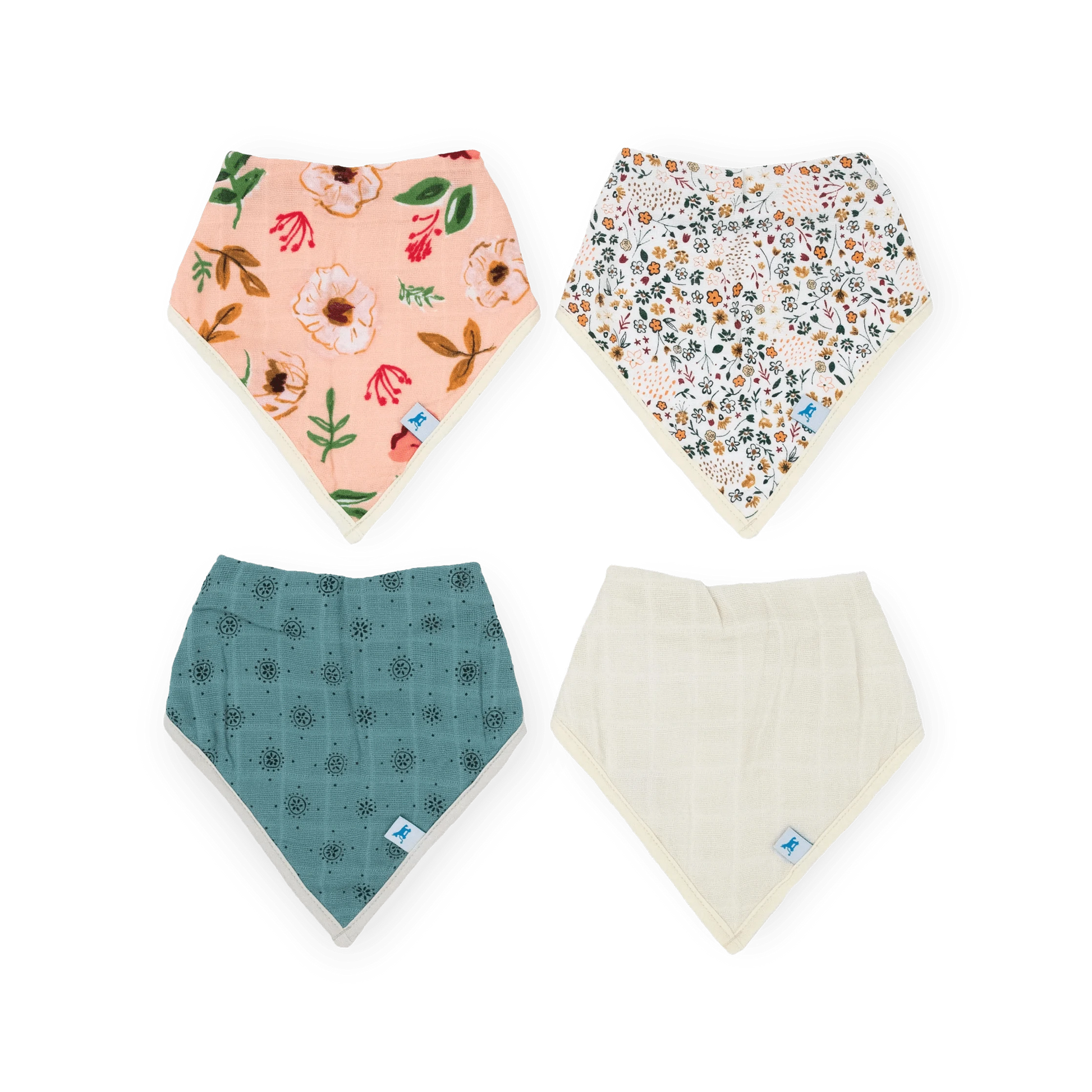 Cotton Muslin + Fleece Bandana Bib 4 Pack - Vintage Floral Little Unicorn Lil Tulips