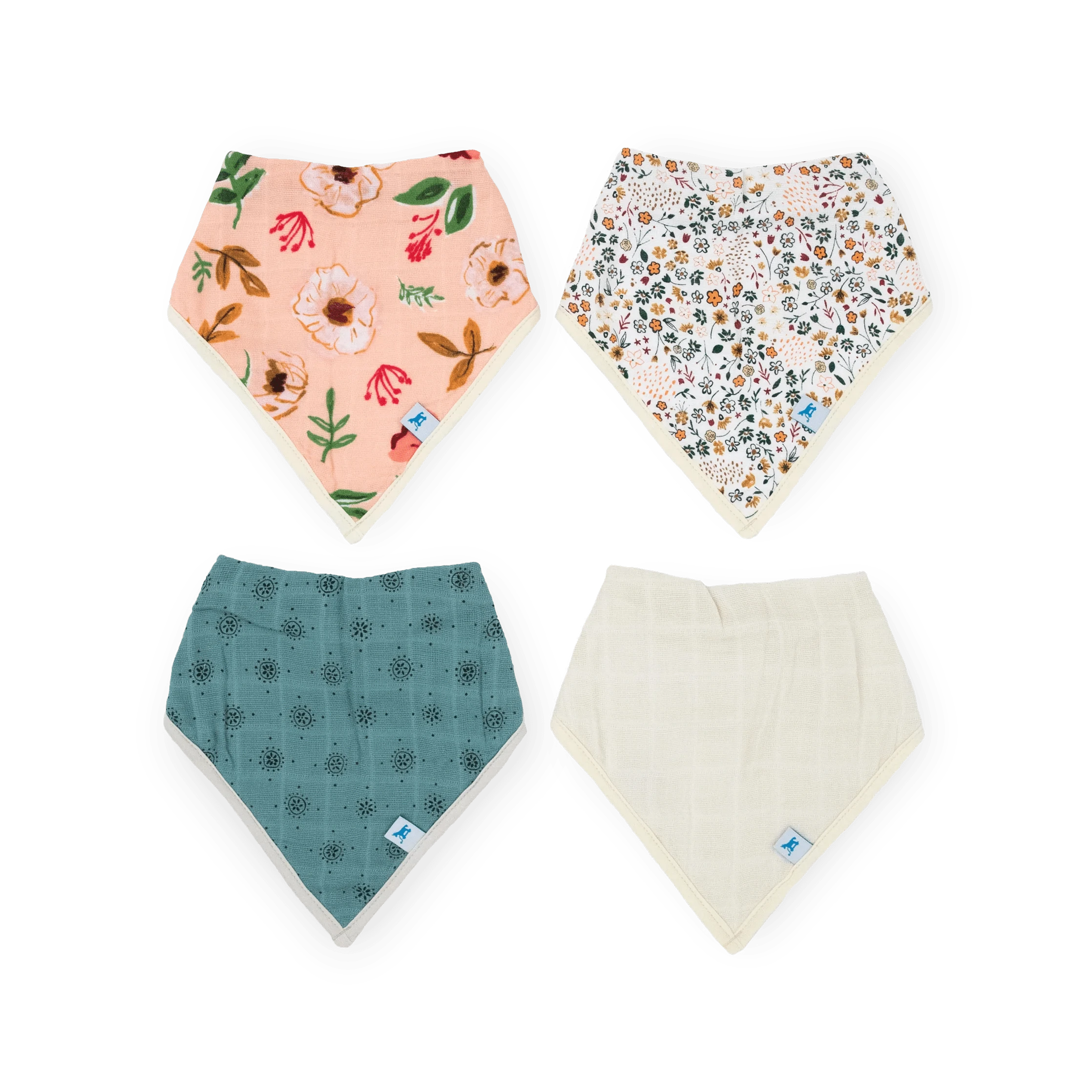 Cotton Muslin + Fleece Bandana Bib 4 Pack - Vintage Floral Little Unicorn Lil Tulips