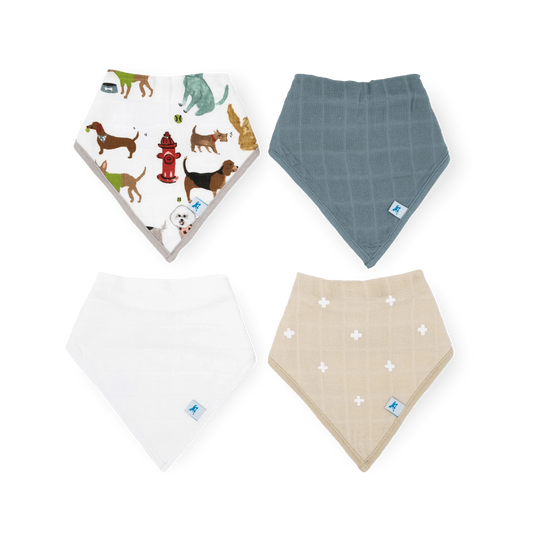 Cotton Muslin + Fleece Bandana Bib 4 Pack - Woof Little Unicorn Lil Tulips