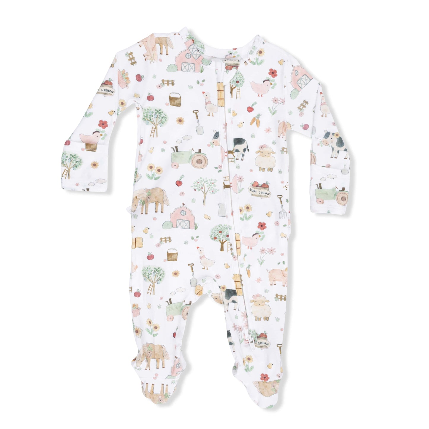 Cute Farm Animals Pink - 2 Way Ruffle Back Zipper Footie Angel Dear Lil Tulips