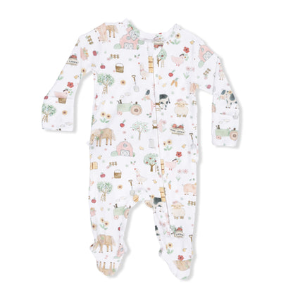 Cute Farm Animals Pink - 2 Way Ruffle Back Zipper Footie Angel Dear Lil Tulips