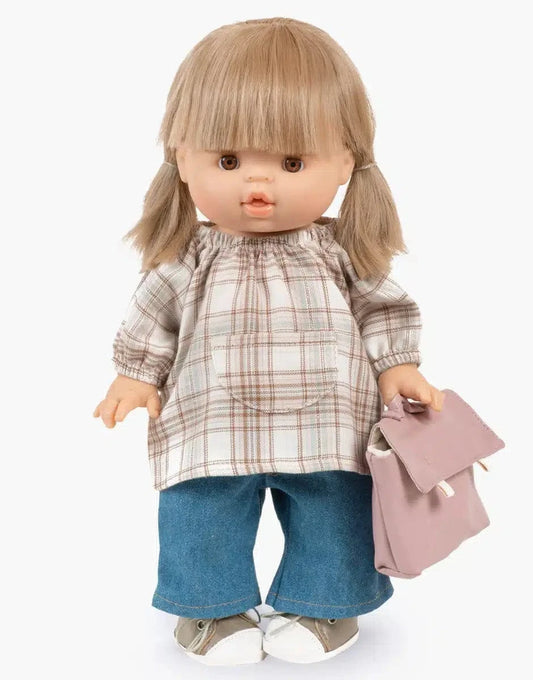 Doll Clothing  “Back to school” set for girls with plaid blouse and dark blue denim pants Minikane Dolls Lil Tulips