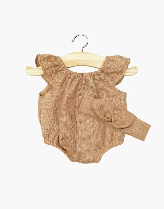 Doll Clothing – Clara romper and headband in hazelnut washed linen Minikane Dolls Lil Tulips