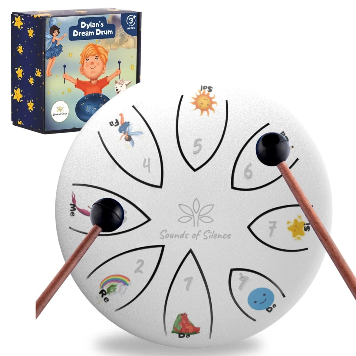 Dylan's Dream Steel Tongue Drum with Songbook and Bedtime Story - White Sounds Of Silence Drums Lil Tulips