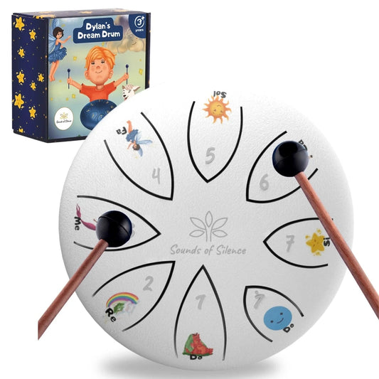 Dylan's Dream Steel Tongue Drum with Songbook and Bedtime Story - White Sounds Of Silence Drums Lil Tulips