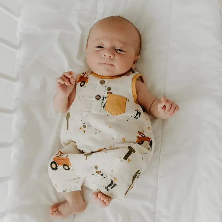 Farm Sleeveless Pocket Short Romper (Organic Muslin) Viverano Organics Lil Tulips