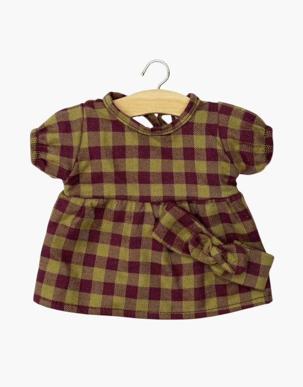 Faustine Dress & Headband - Olive/Burgundy Gingham - Babies 28 cm Minikane Lil Tulips