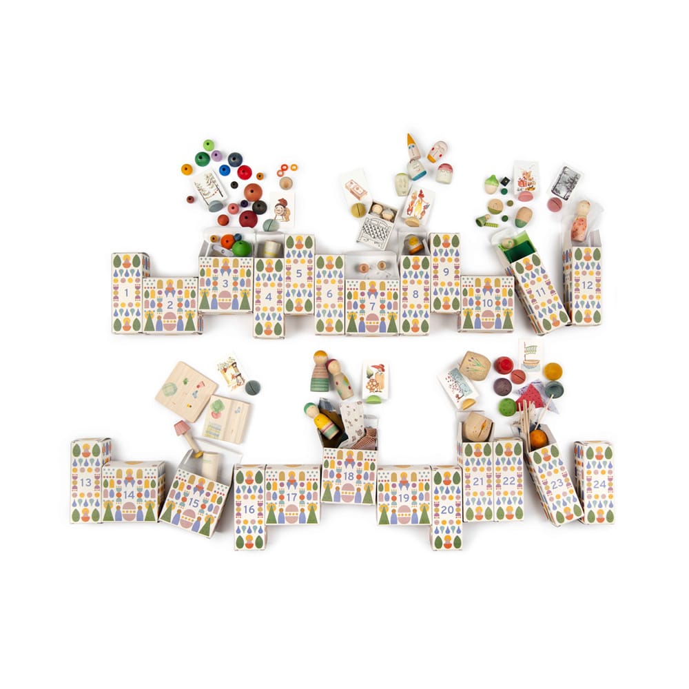 Grapat Advent Calendar 2026 boxes opened to display colorful wooden pieces and craft materials