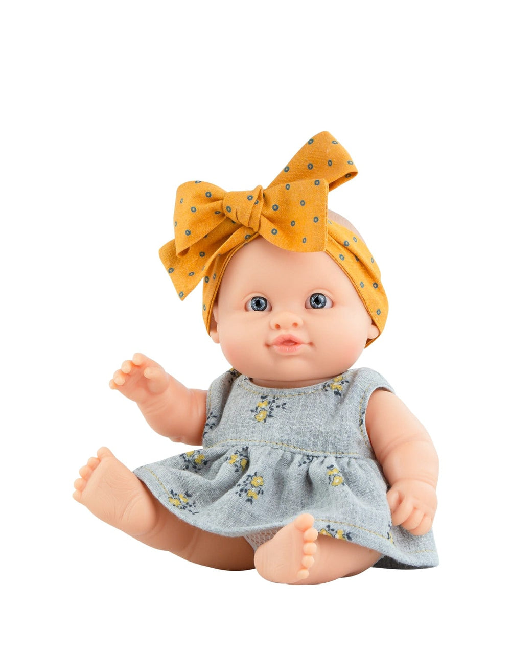 Irina with Floral Gray Dress and Mustard Polka Dot Bow Headband - Peques Doll Paola Reina Dolls Lil Tulips