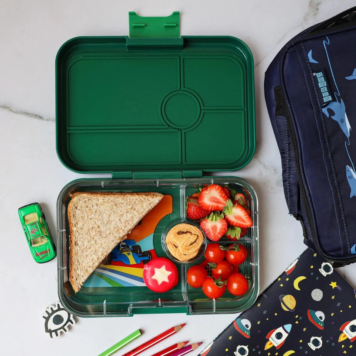 Leakproof Yumbox Tapas Greenwich Green - 4C - Race Cars Tray Yumbox Lil Tulips