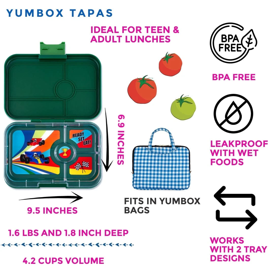 Leakproof Yumbox Tapas Greenwich Green - 4C - Race Cars Tray Yumbox Lil Tulips