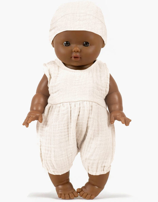 Leon and his Noa romper in pebble cotton gauze with bonnet Minikane Lil Tulips