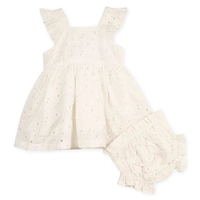 Lily Schiffli Floral Eyelet Baby Girl Dress + Bloomer Set (Organic cotton) Viverano Organics Lil Tulips