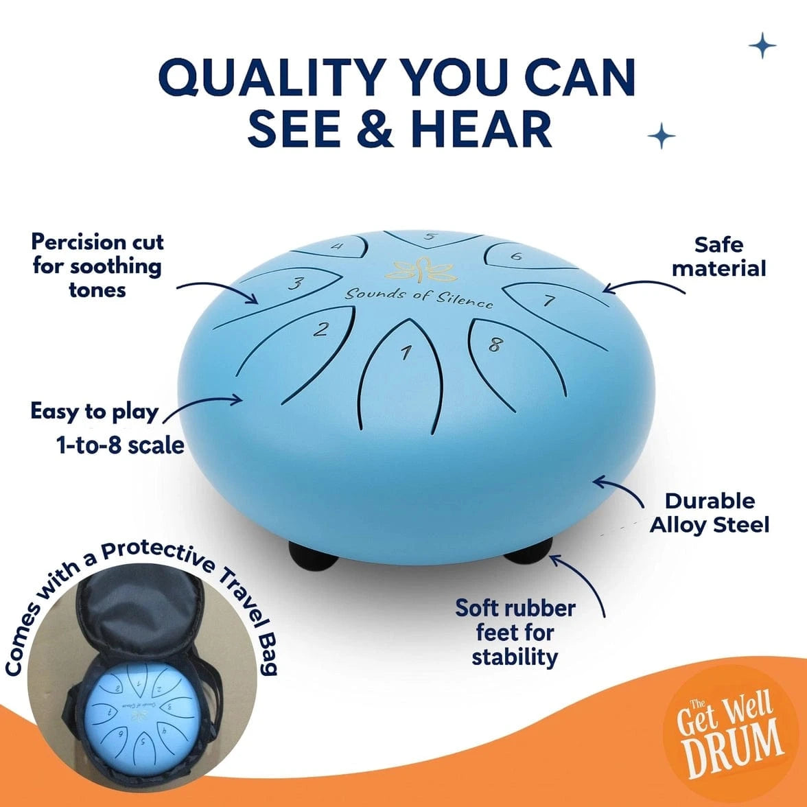 Magic Calm Steel Tongue Drum with a Get Well Musical Story - Sky Blue Sounds Of Silence Drums Lil Tulips