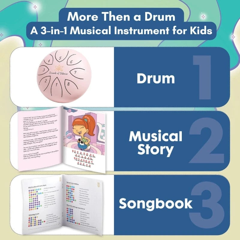 Magic Calm Steel Tongue Drum with Songbook and Storybook - Pink Sounds Of Silence Drums Lil Tulips