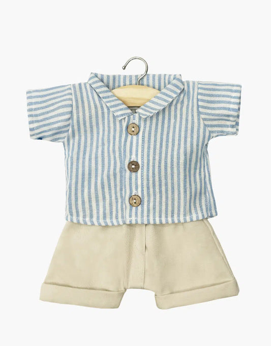 Doll Clothing –  Blue striped Leopold shirt and beige suspender pants set