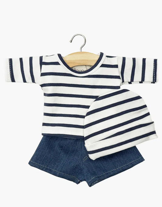 Doll Clothing –  Navy blue striped top and denim shorts with hat