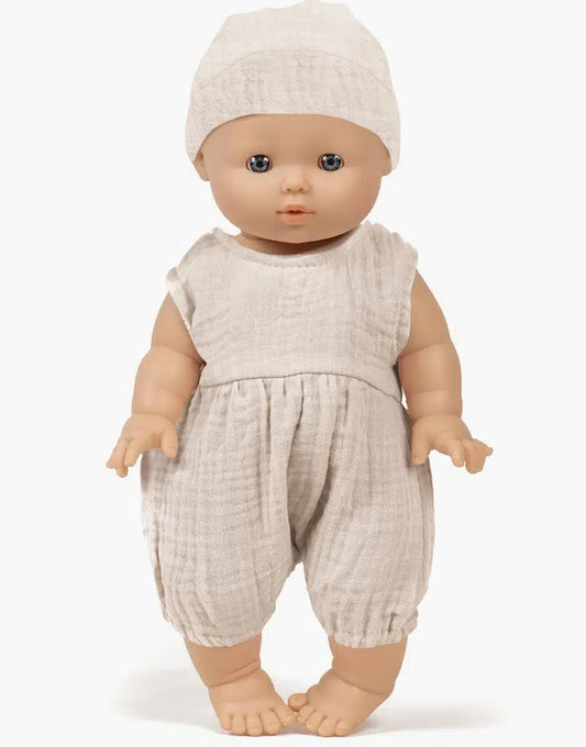 Cesar and his Noa romper in pebble cotton gauze with bonnet