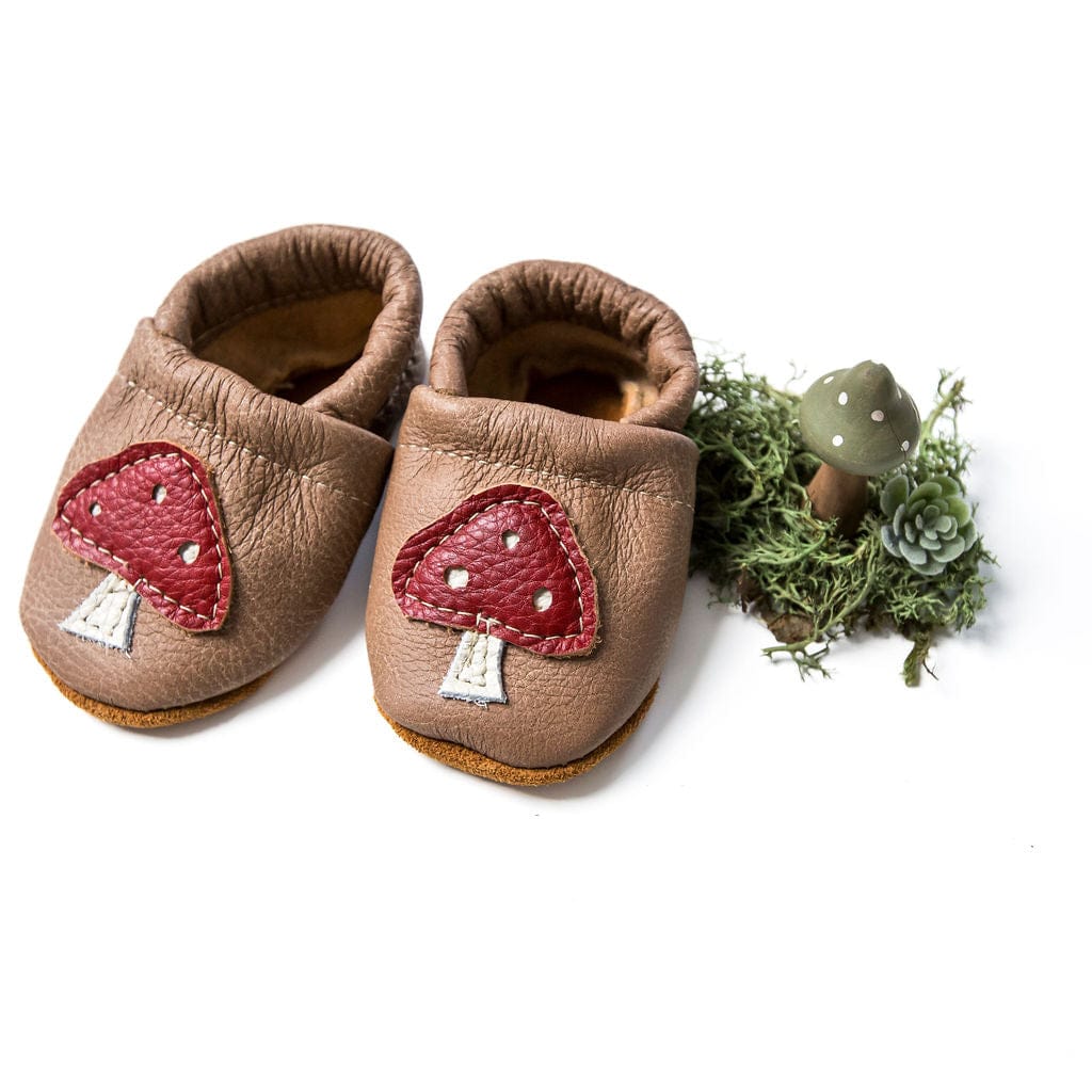Mushrooms on Chai Leather Baby Moccasins Starry Knight Design Lil Tulips