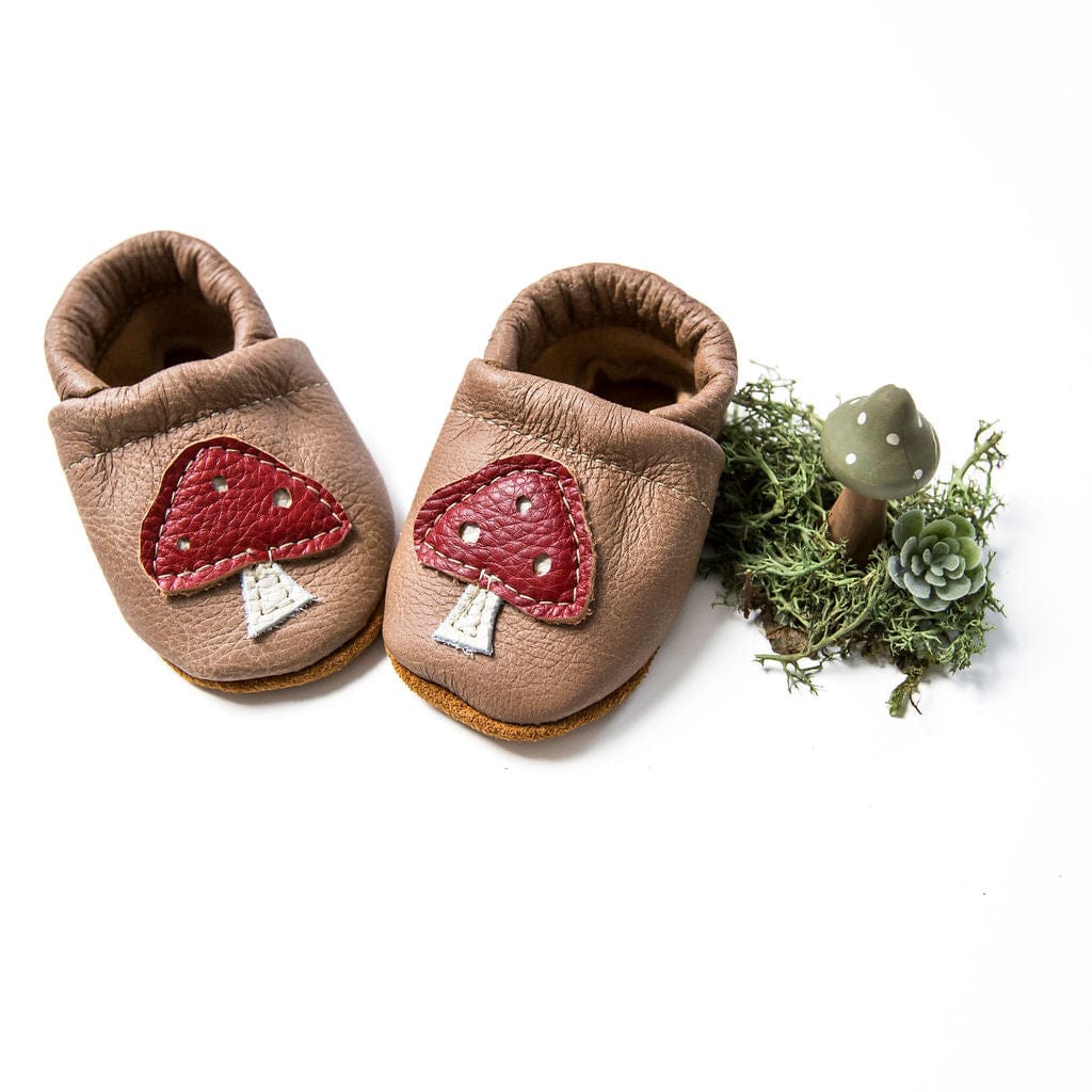 Mushrooms on Chai Leather Baby Moccasins Starry Knight Design Lil Tulips