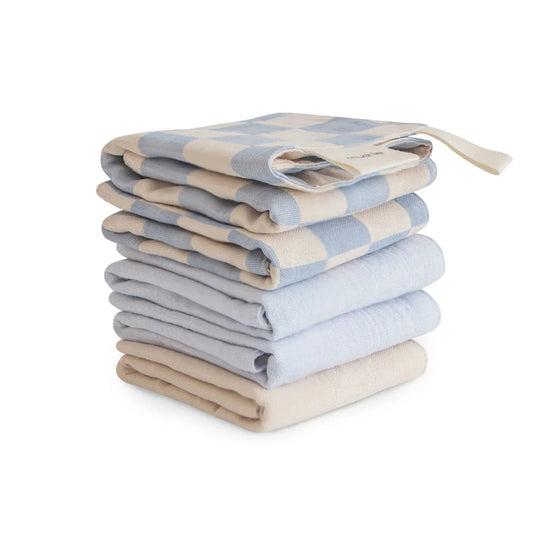 Muslin Cotton Washcloth 5-Pack (Blue Check Combo) Mushie Lil Tulips