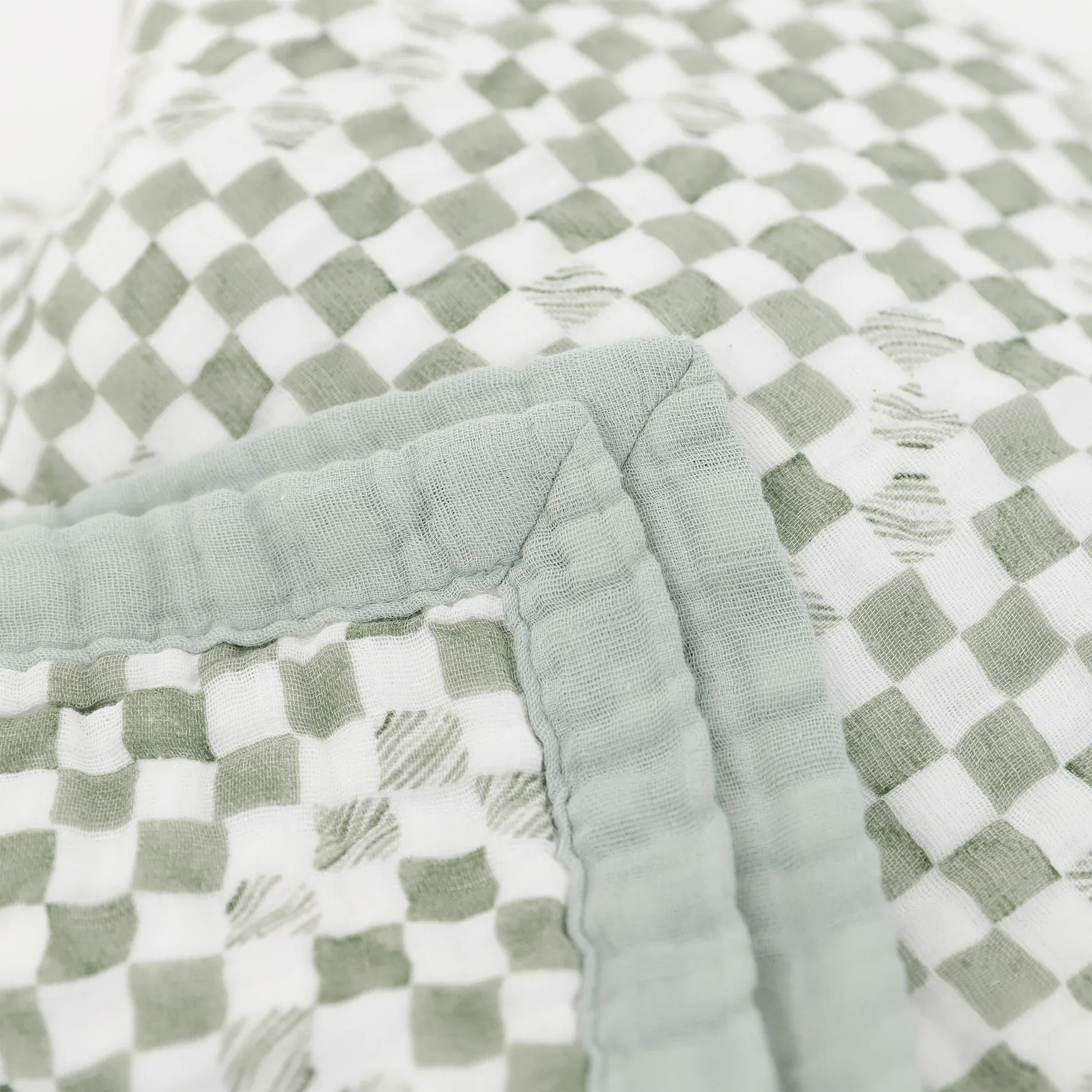 Organic Cotton Muslin Baby Quilt - Green Checker Little Unicorn Lil Tulips
