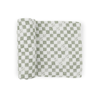 Organic Cotton Muslin Swaddle Blanket - Green Checker Little Unicorn Lil Tulips
