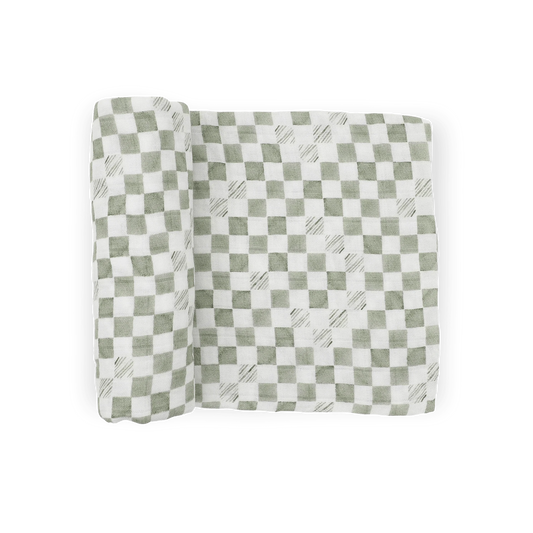 Organic Cotton Muslin Swaddle Blanket - Green Checker Little Unicorn Lil Tulips