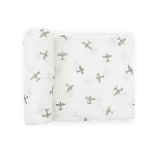 Organic Cotton Muslin Swaddle Blanket - Pewter Planes Little Unicorn Lil Tulips
