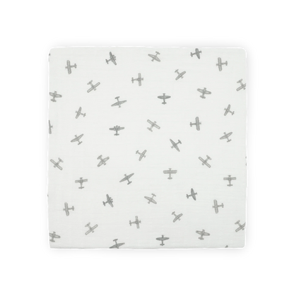 Organic Cotton Muslin Swaddle Blanket - Pewter Planes Little Unicorn Lil Tulips